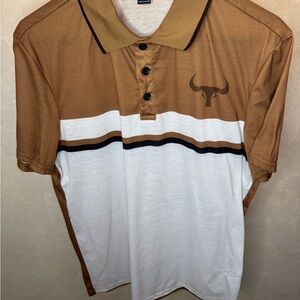 Brown & White Striped Short Sleeve Polo with Bull Emblem